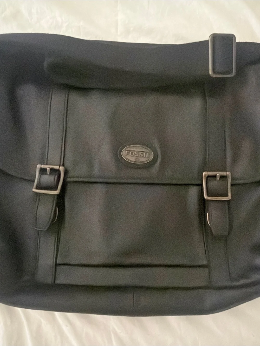 Fossil Black Leather Messenger Crossbody Bag with Brass Hardware